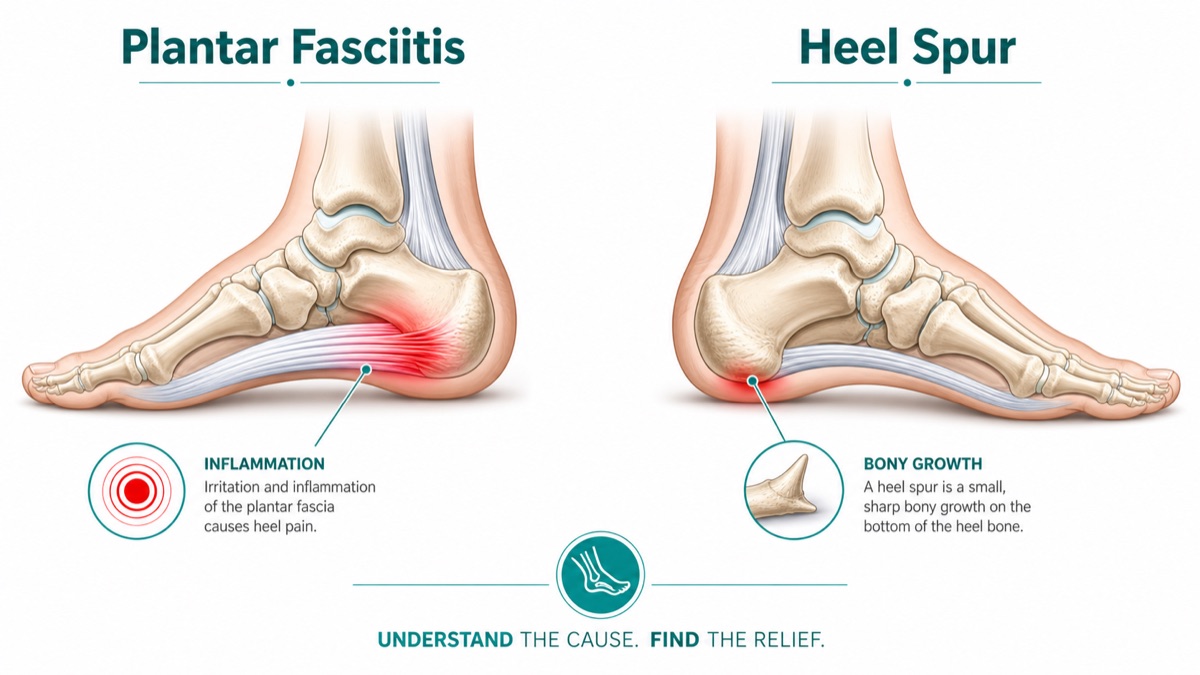 Plantar fasciitis vs heel spurs — foot anatomy and X-ray illustration