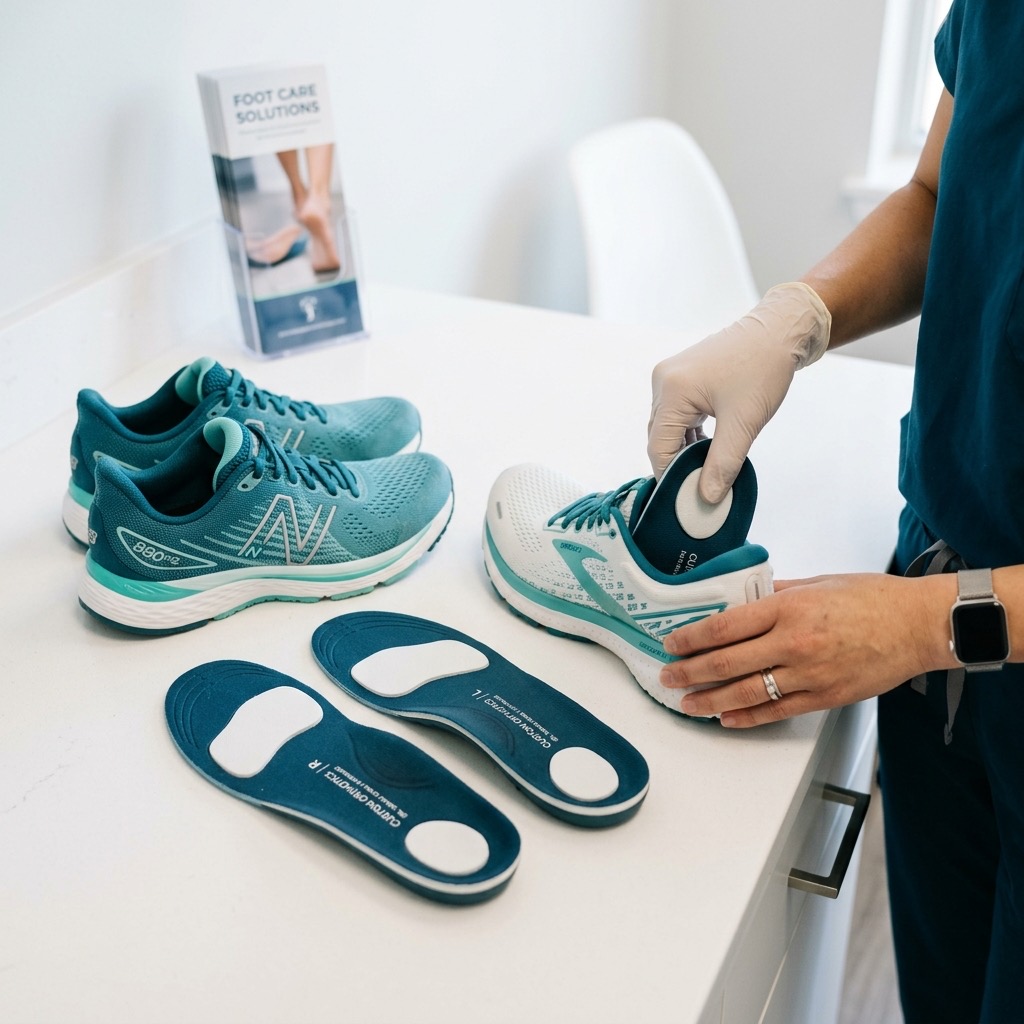 Podiatrist fitting custom prescription orthotics and running shoes for biomechanical correction
