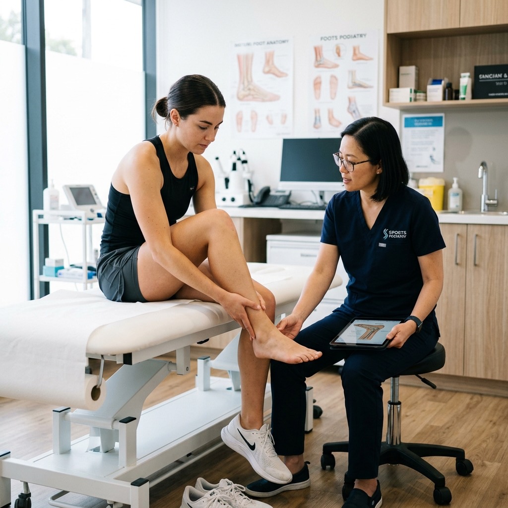 Sports podiatrist examining an athlete's ankle injury in a modern Escondido clinic