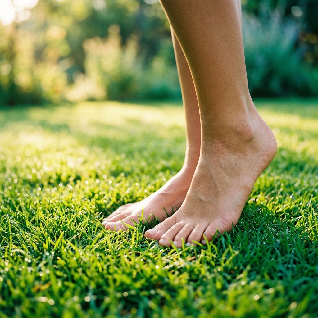 Healthy bare feet standing on grass, representing preventive podiatric wellness in San Diego