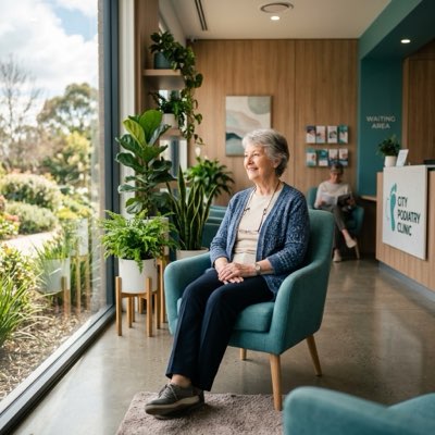 Patient in a welcoming podiatry clinic waiting room representing compassionate wound care in San Diego County