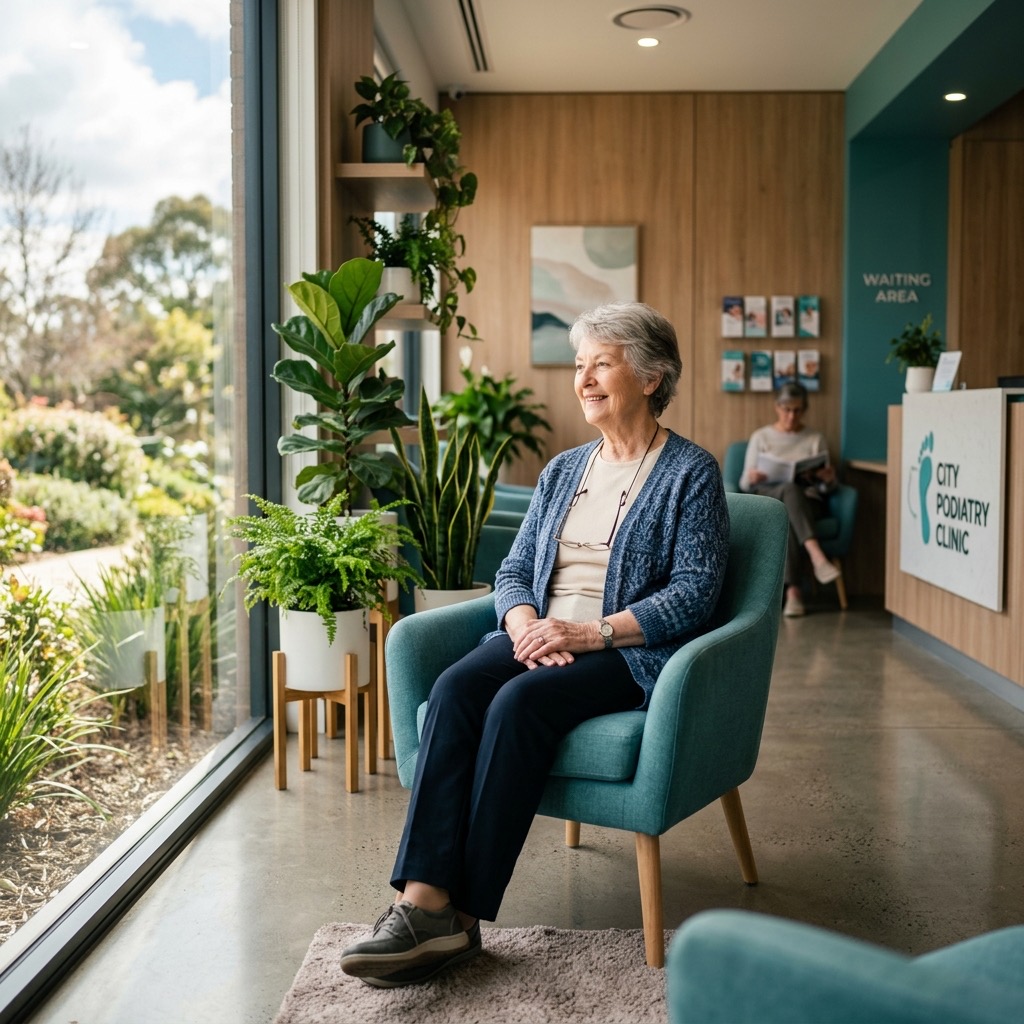 Patient in a welcoming podiatry clinic waiting room representing compassionate wound care in San Diego County