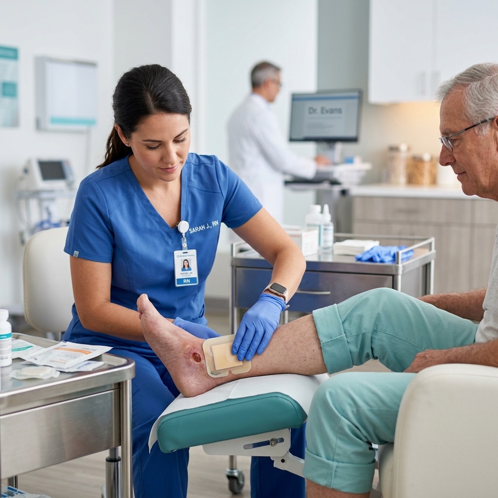 Wound care specialist applying advanced dressing to a diabetic foot wound at VitaStep clinic in Escondido